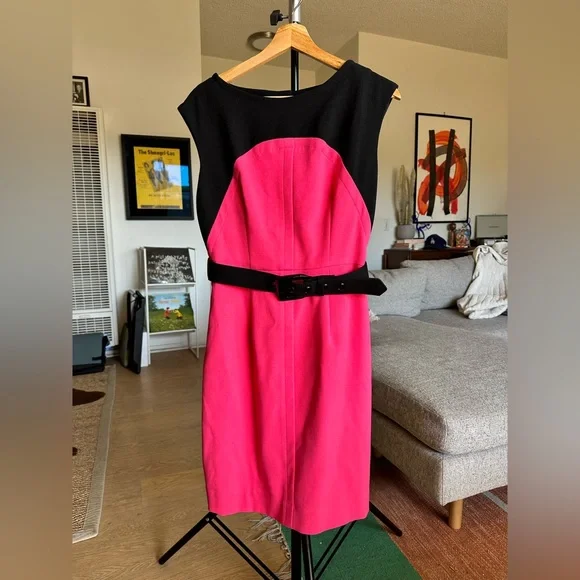 Milly Vibrant Pink and Black Dress w/ Tonal Belt Size 8 - Picture 1 of 5